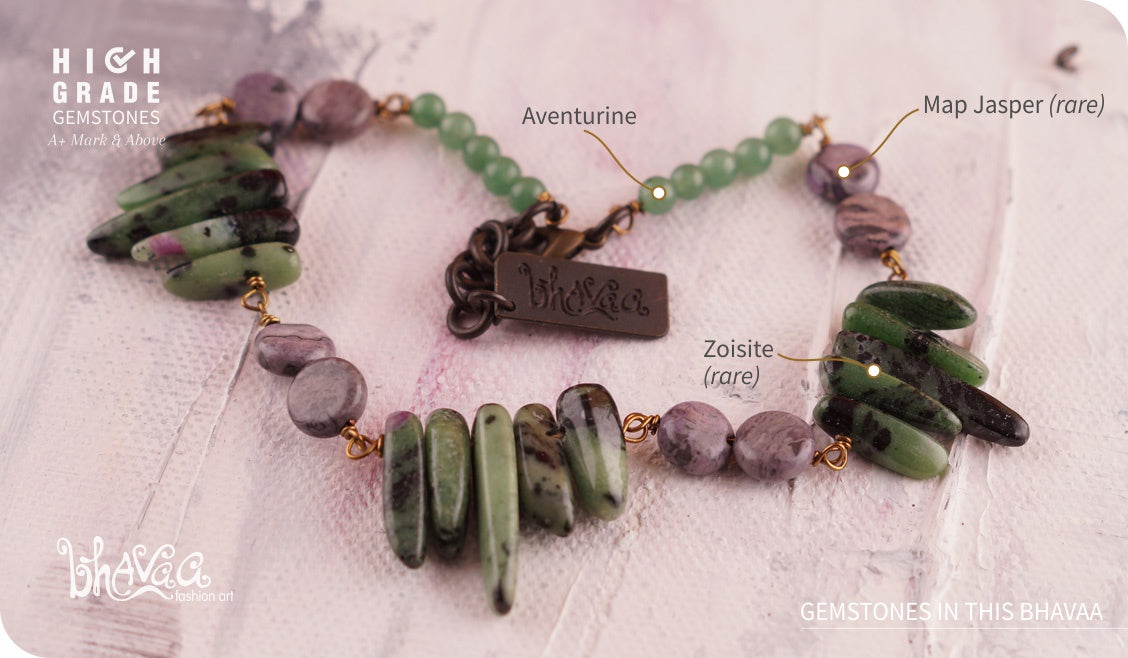 bhavaa Premium Gemstone Jewelry- Anklet. Soothing Vibrancy Collection, Mark-1 | Gemstones: Aventurine, Purple Map Jasper, Zoisite 