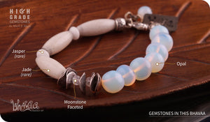 bhavaa Premium Gemstone Jewelry- Bracelet. Subtle Luster Collection, Mark-1 | Gemstones: White Jade, White Opal, Moonstone Faceted, White Jasper, Sri Lankan Moonstone