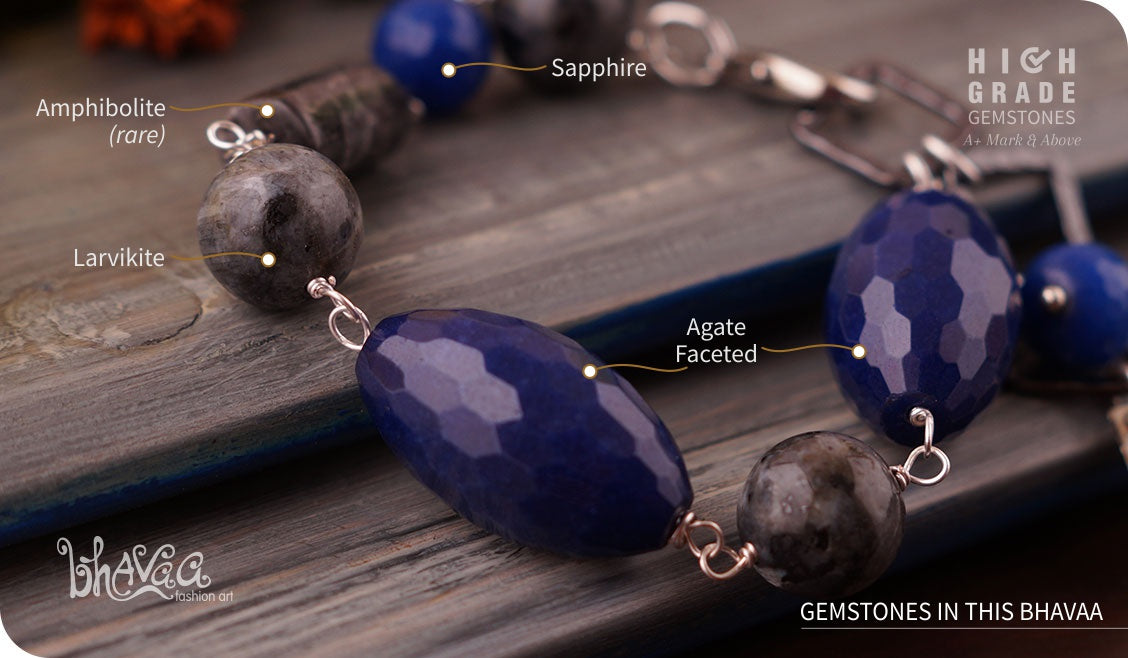 bhavaa Premium Gemstone Jewelry- Bracelet. Serene Indulgence Collection, Mark-1 | Gemstones: Blue Agate Faceted, Blue Sapphire Faceted, Grey Larvikite