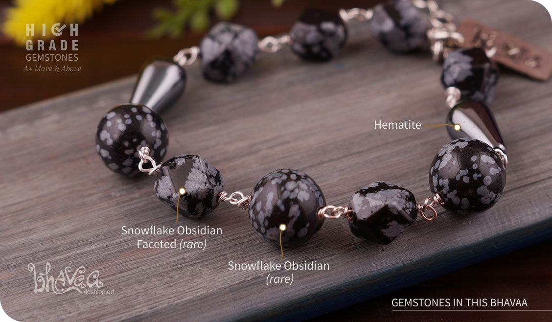 bhavaa Premium Gemstone Jewelry- Bracelet. Innate Poise Collection, Mark-2 | Gemstones: Black- Snowflake Obsidian, Hematite 