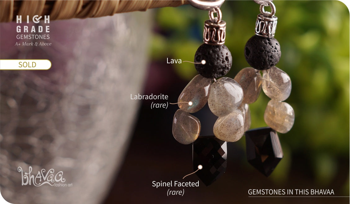 bhavaa Premium Gemstone Jewelry- Earrings. Vivacious Charm Collection, Mark-1 | Gemstones: Black Lava, Black Spinel, Grey Labradorite