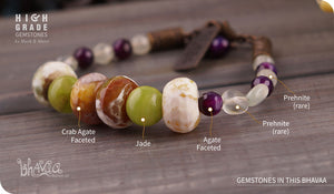 bhavaa Premium Gemstone Jewelry- Bracelet. Soothing Vibrancy Collection, Mark-2 | Gemstones: Green Crab Agate Faceted, Green Jade, Prehnite, Purple Agate Faceted, Green Prehnite Faceted