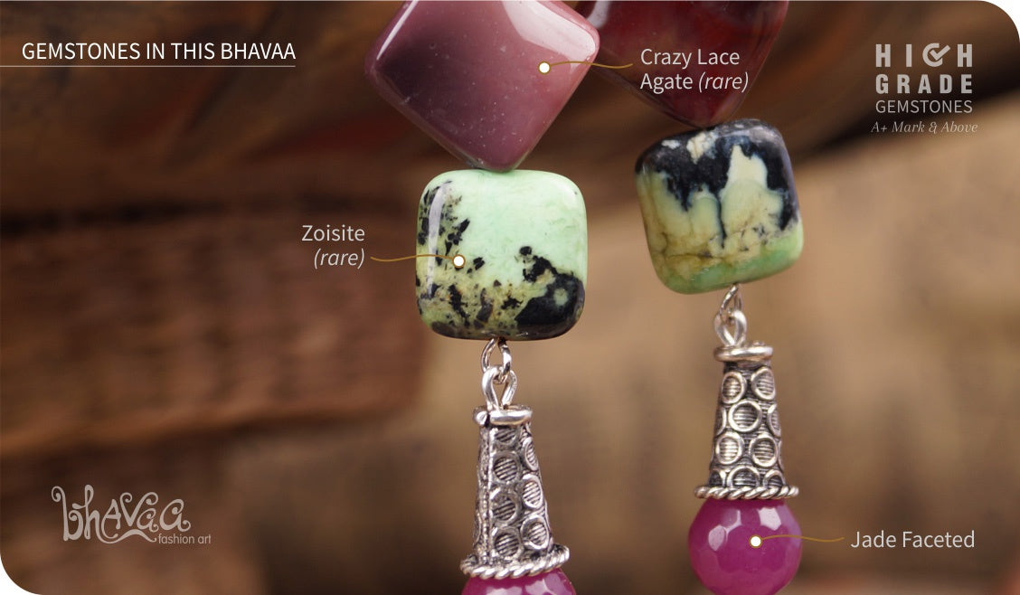 bhavaa Premium Gemstone Jewelry- Earrings. Soothing Vibrancy Collection, Mark-1 | Gemstones: Green Zoisite, Purple Jade Faceted, Purple Crazy Lace Agate