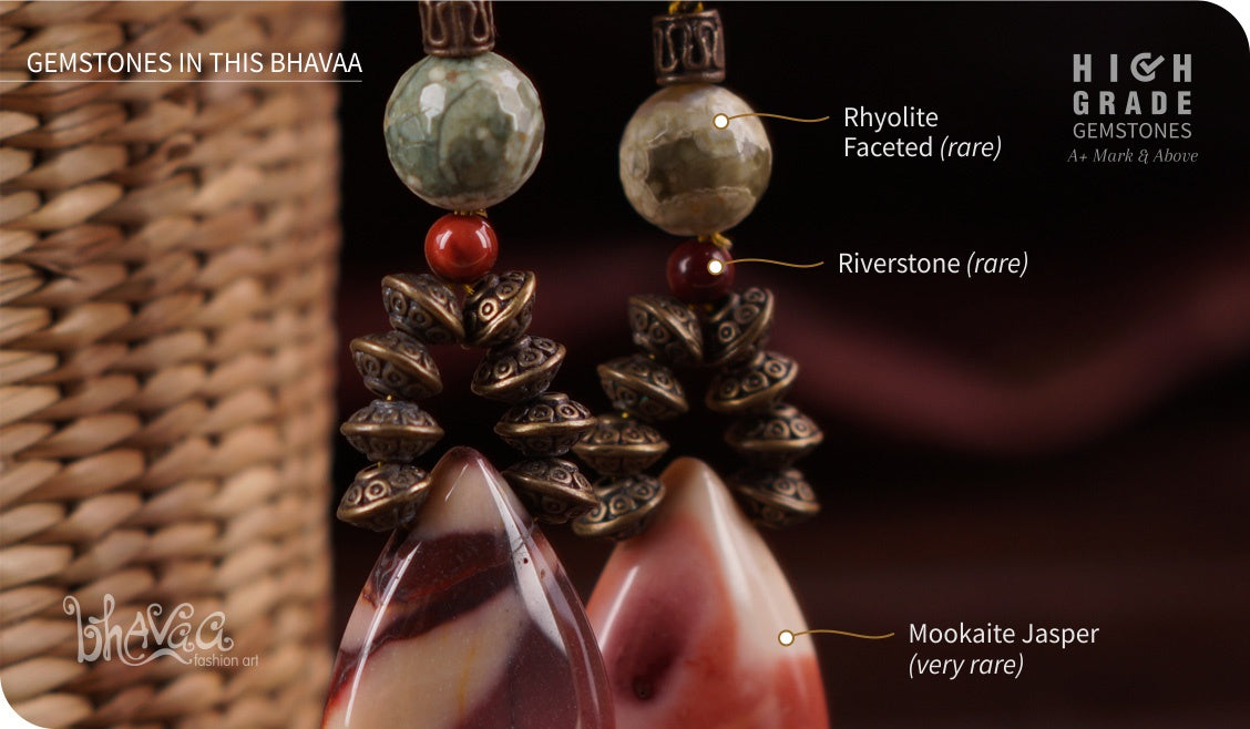 bhavaa Premium Gemstone Jewelry- Earrings. Soothing Vibrancy Collection, Mark-1 | Gemstones: Green Rhyolite Faceted, Purple Mookaite Jasper, Purple Riverstone 