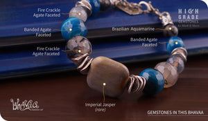 bhavaa Premium Gemstone Jewelry- Bracelet. Products Serene Indulgence Collection, Mark-2 | Gemstones: Grey Fire Crackle Agate Faceted, Grey Brazilian Aquamarine Faceted, Blue Banded Agate Faceted, Grey Imperial Jasper (rare), Blue Banded Agate Faceted