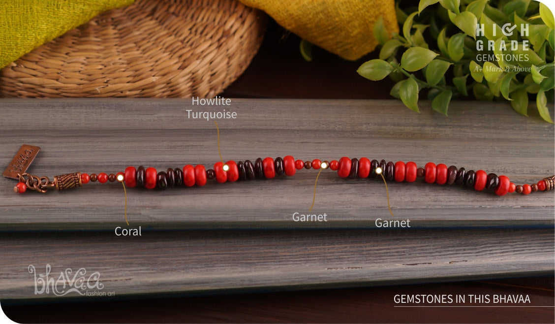 bhavaa Premium Gemstone Jewelry- Anklet. Coy Radiance Collection, Mark-1 | Gemstones: Red Coral, Red Howlite Turquoise, Red Garnet 