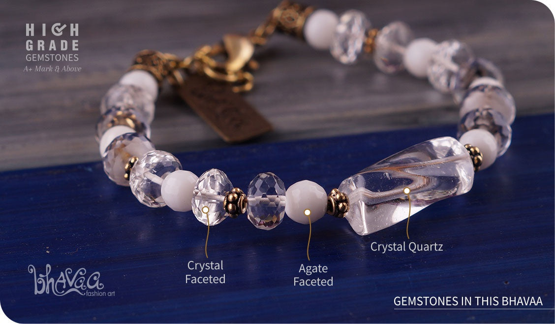 bhavaa Premium Gemstone Jewelry- Bracelet. Subtle Luster Collection, Mark-2 | Gemstones: White Crystal Quartz, White Agate