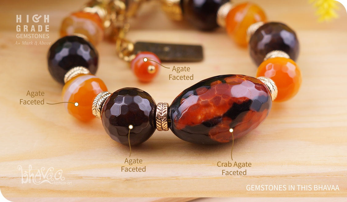 bhavaa Premium Gemstone Jewelry- Bracelet.  Products Rustic Elegance Collection, Mark-1 | Gemstones: Orange Crab Agate Faceted, Orange Agate Faceted, Orange Agate, Brown Agate Faceted