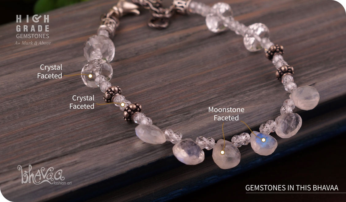 bhavaa Premium Gemstone Jewelry- Bracelet. Subtle Luster Collection, Mark-1 | Gemstones: Moonstone Faceted, White Crystal Faceted