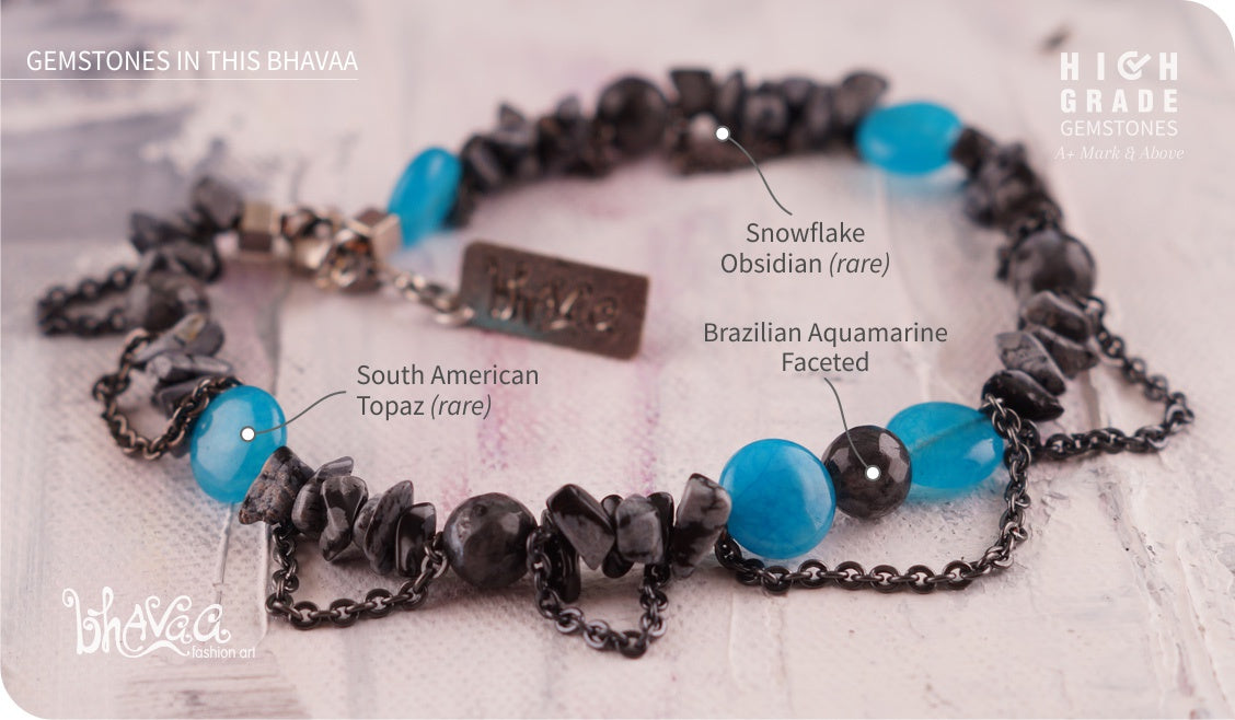 bhavaa Premium Gemstone Jewelry- Anklet. Serene Indulgence Collection, Mark-1 | Gemstones: South American Topaz, Grey Brazilian Aquamarine Faceted, Snowflake Obsidian 