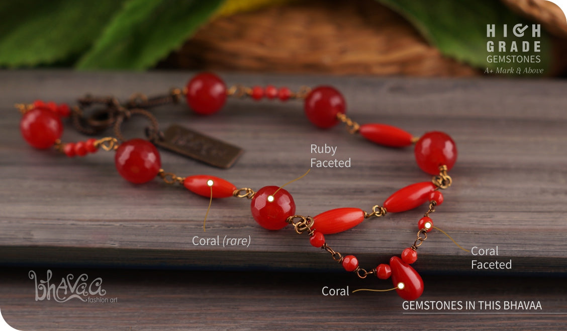 bhavaa Premium Gemstone Jewelry- Anklet. Coy Radiance Collection, Mark-1 | Gemstones: Red Coral, Red Coral Faceted, Red Ruby Faceted