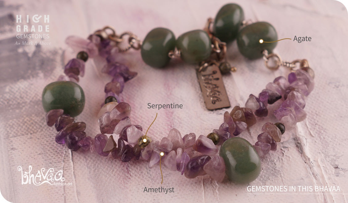 bhavaa Premium Gemstone Jewelry- Anklet. Soothing Vibrancy Collection, Mark-1 | Gemstones: Green Agate, Green Serpentine, Amethyst