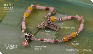 bhavaa Premium Gemstone Jewelry- Anklet. Vivacious Charm Collection, Mark-1 | Gemstones: Cherry Quartz Faceted, Pink Quartz, Yellow Jade Faceted, Rhodonite