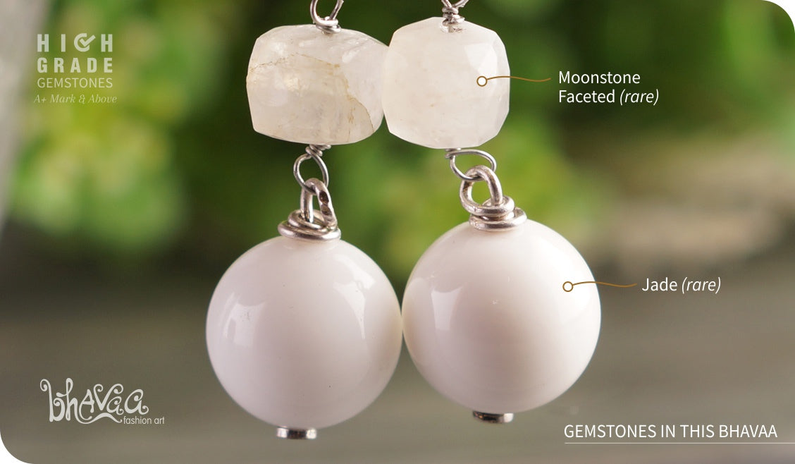 bhavaa Premium Gemstone Jewelry- Earrings. Subtle Lustre Collection, Mark-1 | Gemstones: White Jade, Moonstone Faceted