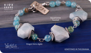 bhavaa Premium Gemstone Jewelry- Bracelet. Serene Indulgence Collection, Mark-2 | Gemstones: Blue Aquamarine Faceted, Blue Dragon Veins Agate