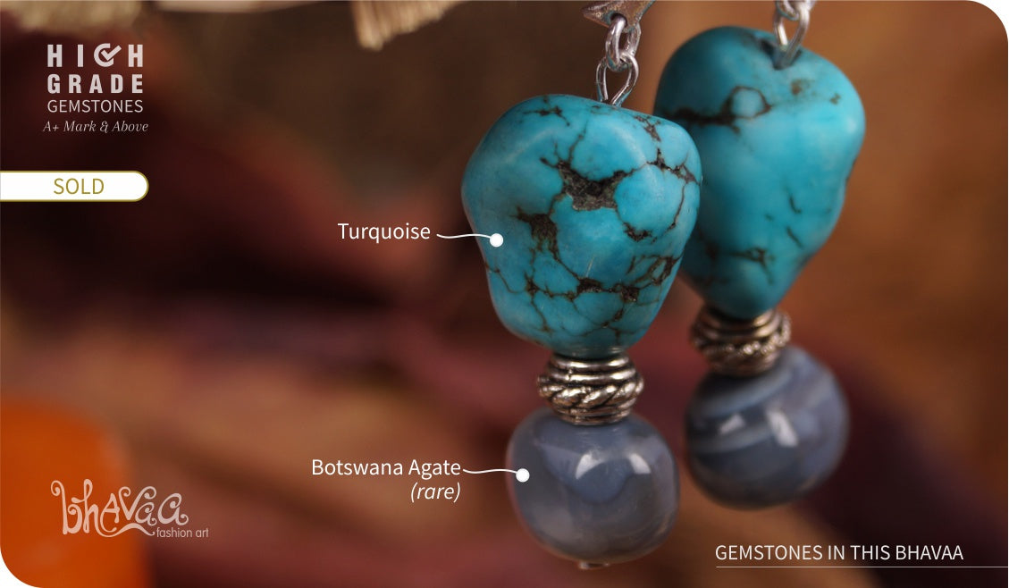 bhavaa Premium Gemstone Jewelry- Earrings. Vivacious Charm Collection, Mark-2 | Gemstones: Grey Botswana Agate (rare), Blue Turquoise