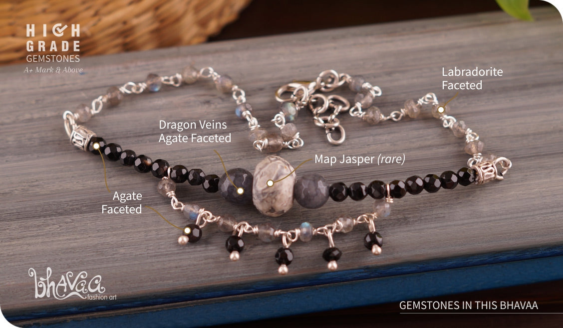 bhavaa Premium Gemstone Jewelry- Anklet. Innate Poise Collection, Mark-1 | Gemstones: Grey Dragon Veins Agate Faceted, Grey Map Jasper, Grey Labradorite Faceted, Black Agate Faceted