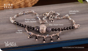 bhavaa Premium Gemstone Jewelry- Anklet. Innate Poise Collection, Mark-1 | Gemstones: Grey Dragon Veins Agate Faceted, Grey Map Jasper, Grey Labradorite Faceted, Black Agate Faceted