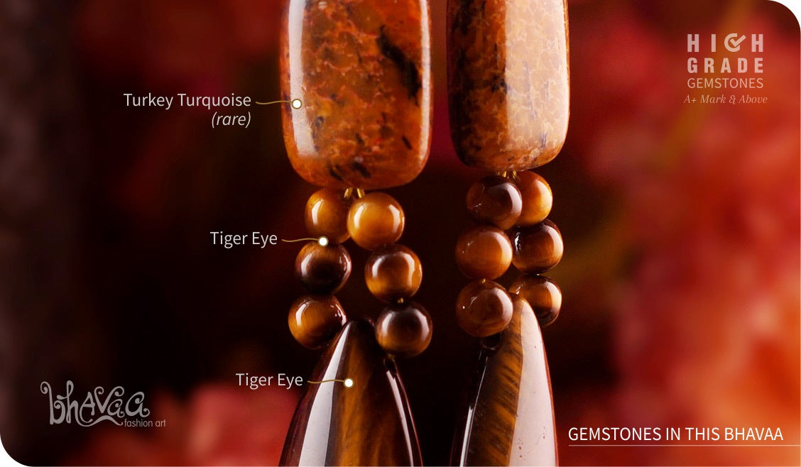 bhavaa Premium Gemstone Jewelry- Earrings. Rustic Elegance Collection, Mark-1 | Gemstones: Orange Turkey Turquoise, Tiger Eye