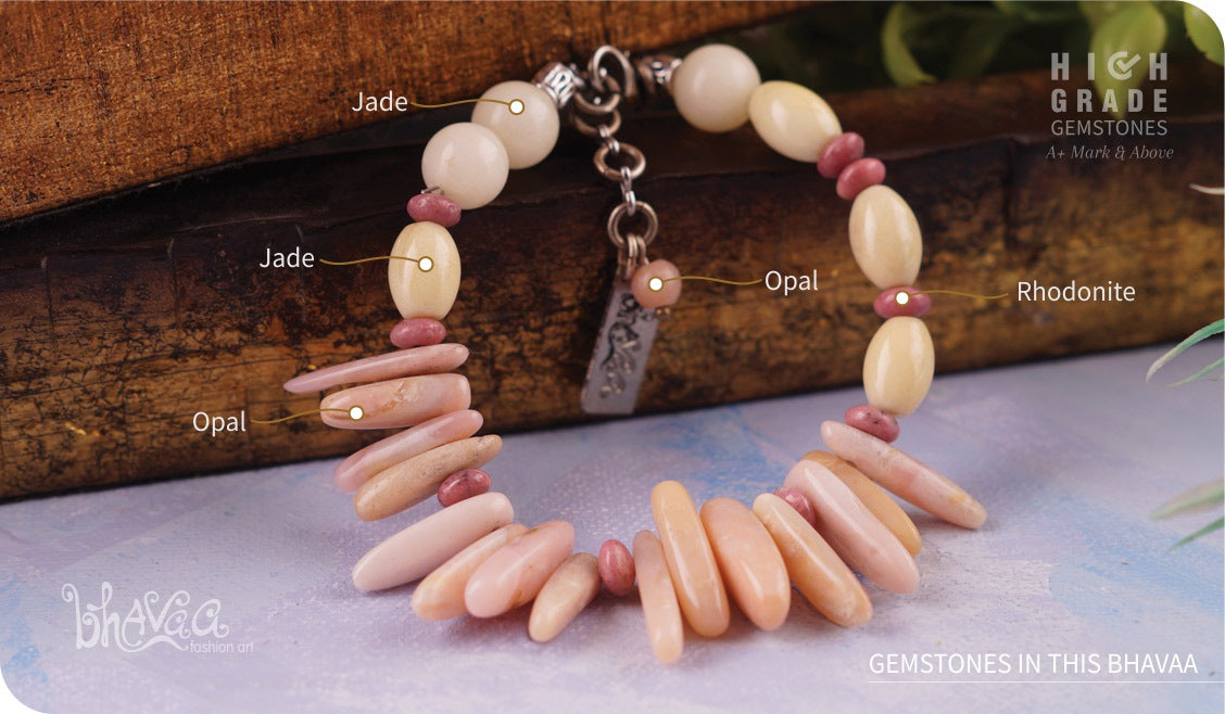 bhavaa Premium Gemstone Jewelry- Bracelet. Vivacious Charm Collection, Mark-1 | Gemstones: Pink Opal, Yellow Jade, Pink Rhodonite