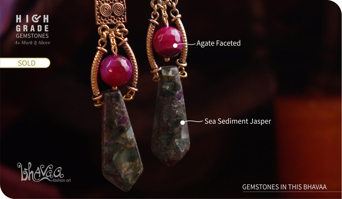 bhavaa Premium Gemstone Jewelry- Earrings. Soothing Vibrancy Collection, Mark-1 | Gemstones: Green Sea Sediment Jasper, Purple Agate.