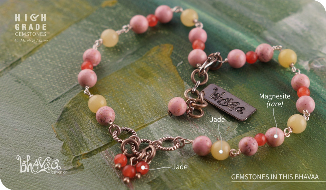 bhavaa Premium Gemstone Jewelry- Anklet. Vivacious Charm Collection, Mark-1 | Gemstones: Pink Magnesite, Pink Jade, Yellow Jade