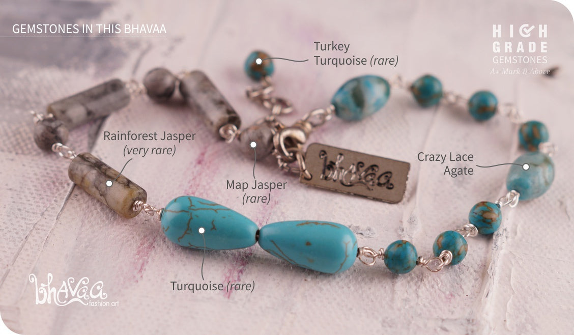 bhavaa Premium Gemstone Jewelry- Anklet. Serene Indulgence Collection, Mark-1 | Gemstones: Blue Crazy Lace Agate, Magnesite, Map Jasper, Rainforest Jasper, Turquoise