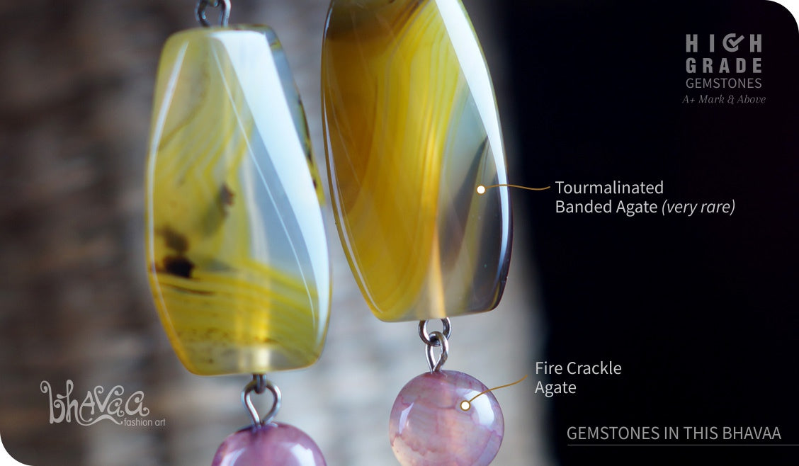 bhavaa Premium Gemstone Jewelry- Earrings. Vivacious Charm Collection, Mark-1 | Gemstones: Pink Fire Crackle Agate, Yellow Tourmalinated Banded Agate