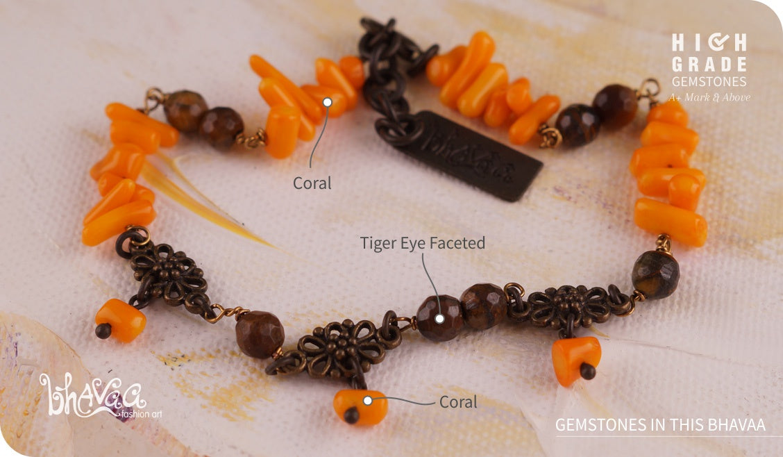 bhavaa Premium Gemstone Jewelry- Anklet. Rustic Elegance Collection, Mark-2 | Gemstones: Orange Coral, Tiger Eye Faceted