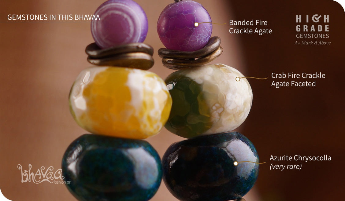 bhavaa Premium Gemstone Jewelry- Earrings. Soothing Vibrancy Collection, Mark-2 | Gemstones: Green Azurite Chrysocolla, Green Crab Fire Crackle Agate Faceted, Purple Banded Fire Crackle Agate