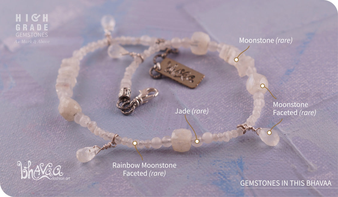 bhavaa Premium Gemstone Jewelry- Anklet. Subtle Luster Collection, Mark-1 | Gemstones: Moonstone, Moonstone Faceted, White Jade, Rainbow Moonstone Faceted