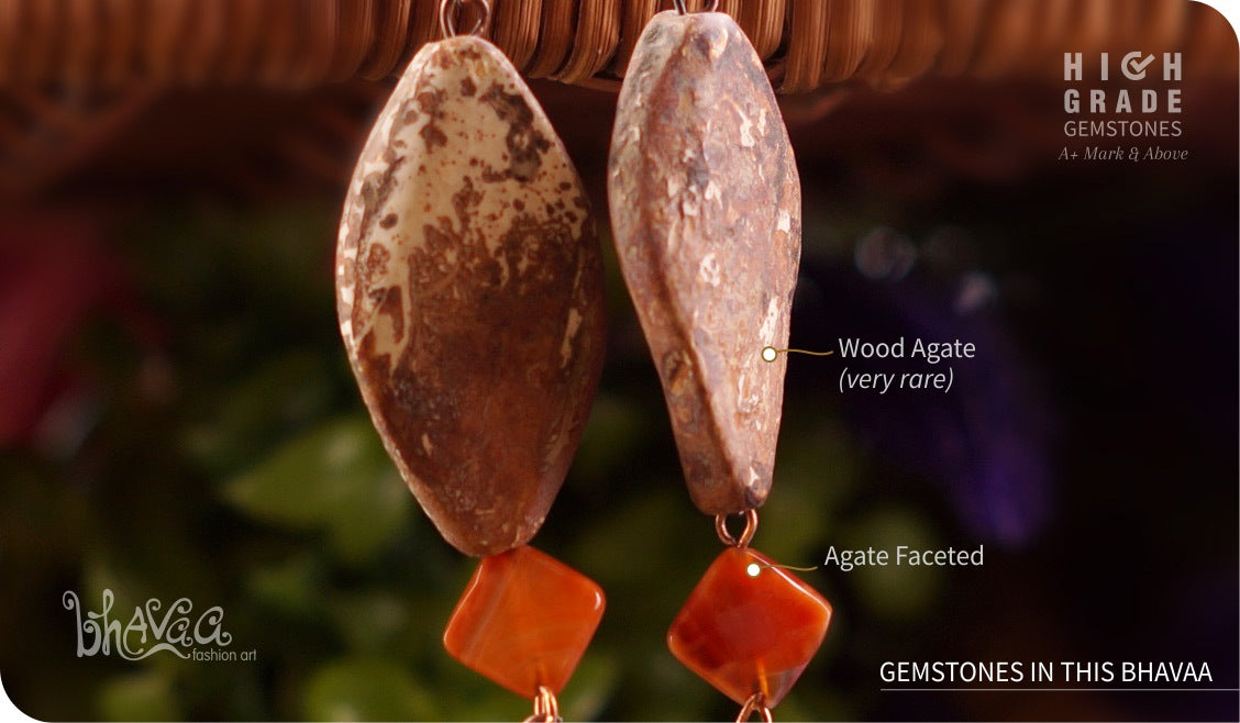 bhavaa Premium Gemstone Jewelry- Earrings. Rustic Elegance Collection, Mark-1 | Gemstones: Orange Agate Faceted, Wood Agate