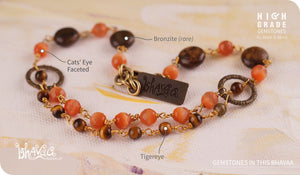 bhavaa Premium Gemstone Jewelry- Anklet. Rustic Elegance Collection, Mark-1 | Gemstones: Orange Cat's Eye Faceted, Tiger Eye, Bronzite