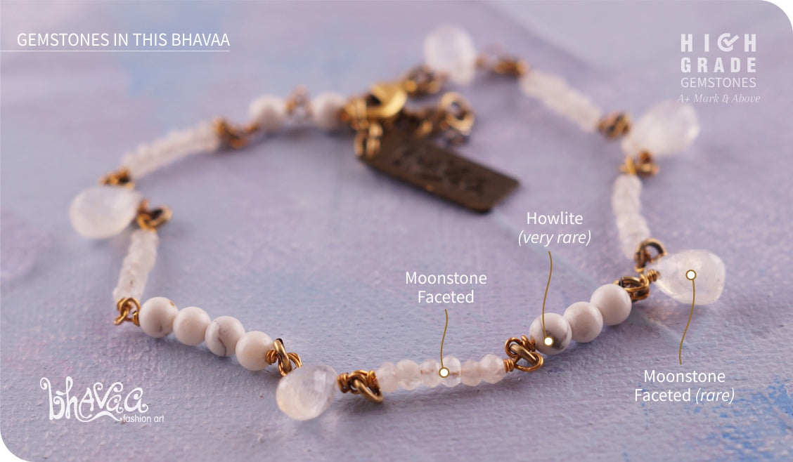 bhavaa Premium Gemstone Jewelry- Anklet. Subtle Luster Collection, Mark-2 | Gemstones: Moonstone Faceted, Howlite