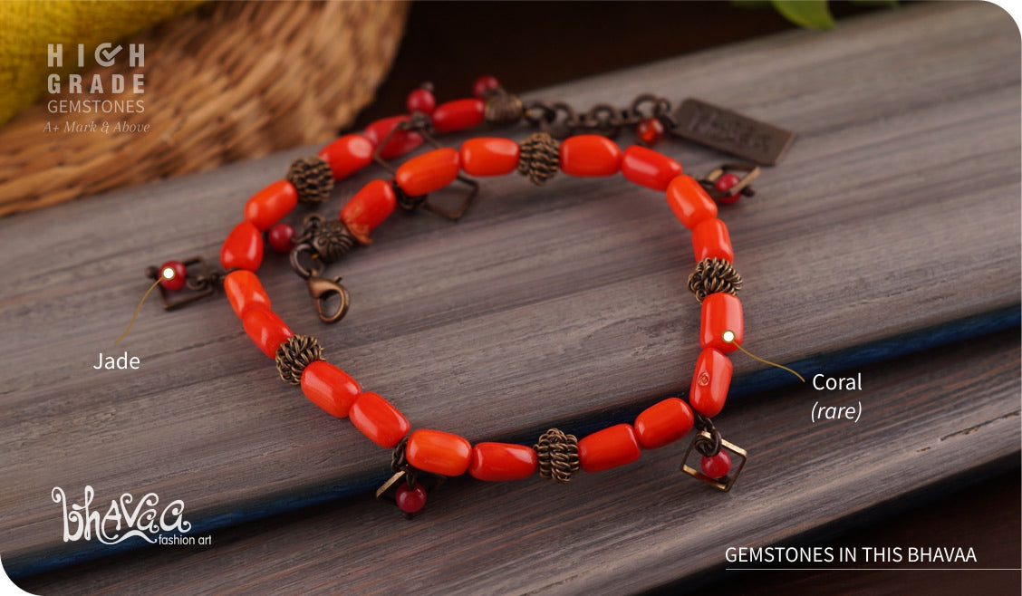 bhavaa Premium Gemstone Jewelry- Anklet. Coy Radiance Collection, Mark-2 | Gemstones: Red Coral, Red Jade