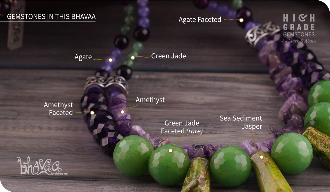 bhavaa Premium Gemstone Jewelry- Necklace. Soothing Vibrancy Collection, Mark-1 | Gemstones: Green Jade Faceted, Green Sea Sediment Jasper, Amethyst, Purple Agate Faceted