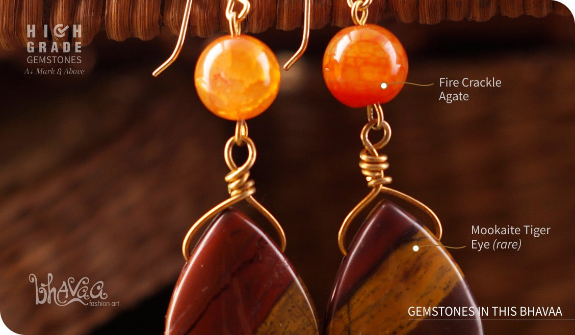 bhavaa Premium Gemstone Jewelry- Earrings. Rustic Elegance Collection, Mark-2 | Gemstones: Mookaite Tiger Eye, Orange Fire Crackle Agate