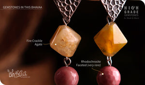 bhavaa Premium Gemstone Jewelry- Earrings. Vivacious Charm Collection, Mark-2 | Gemstones: Pink Rhodochrosite Faceted, Yellow Fire Crackle Agate