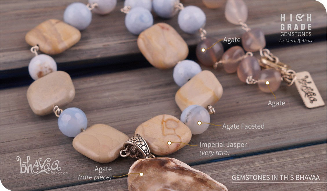 bhavaa Premium Gemstone Jewelry- Necklace. Serene Indulgence Collection, Mark-1 | Gemstones: Grey Agate Faceted, Grey Imperial Jasper, Blue Agate Faceted, Grey Agate