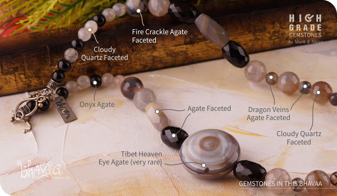 bhavaa Premium Gemstone Jewelry- Necklace. Innate Poise Collection, Mark-1 | Gemstones: Grey Tibet Heaven Eye Agate, Cloudy Quartz Faceted, Grey Fire Crackle Agate Faceted, Grey Agate, Black Onyx Agate, Agate Faceted, Grey Dragon Veins Agate Faceted