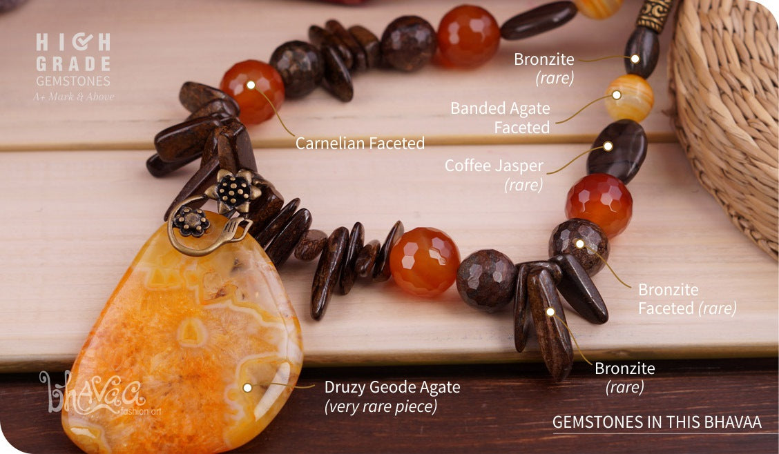 bhavaa Premium Gemstone Jewelry- Necklace. Rustic Elegance Collection, Mark-1 | Gemstones: Druzy Geode Agate Pendant, Orange Banded Agate, Carnelian, Bronzite, Brown Coffee Jasper