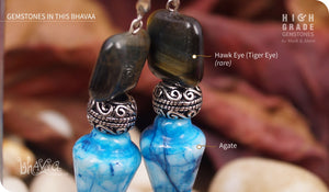 bhavaa Premium Gemstone Jewelry- Earrings. Serene Indulgence Collection, Mark-1 | Gemstones: Hawk Eye (Tiger Eye), Blue Agate