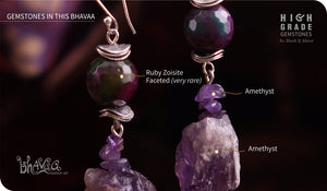 bhavaa Premium Gemstone Jewelry- Earrings. Soothing Vibrancy Collection, Mark-1 | Gemstones: Amethyst Rough, Amethyst, Green Ruby Zoisite Faceted