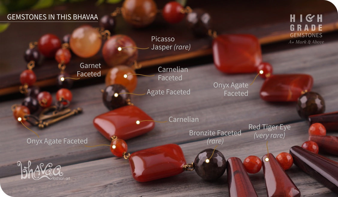 bhavaa Premium Gemstone Jewelry- Necklace. Rustic Elegance Collection, Mark-1 | Gemstones: Orange Onyx Agate Faceted, Carnelian Faceted, Carnelian, Garnet, Bronzite Faceted, Brown Picasso Jasper, Tiger Eye, Brown Agate faceted