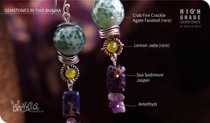 bhavaa Premium Gemstone Jewelry- Earrings. Soothing Vibrancy Collection, Mark-1 | Gemstones: Green Crab Fire Crackle Agate Faceted, Lemon Jade, Amethyst, Purple Sea Sediment Jasper