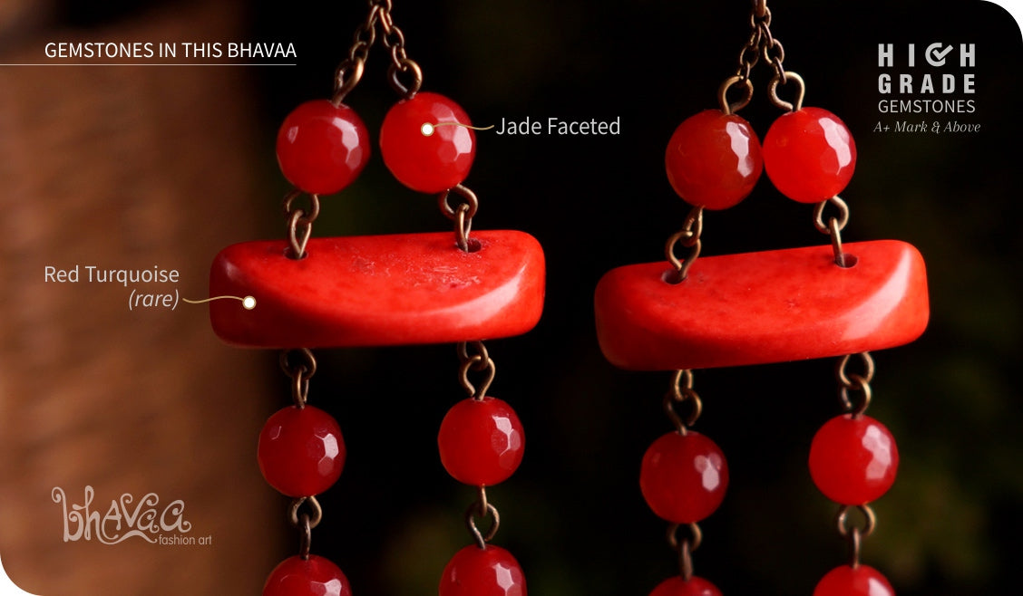 bhavaa Premium Gemstone Jewelry- Earrings. Coy Radiance Collection, Mark-2 | Gemstones: Red Jade Faceted, Red Turquoise