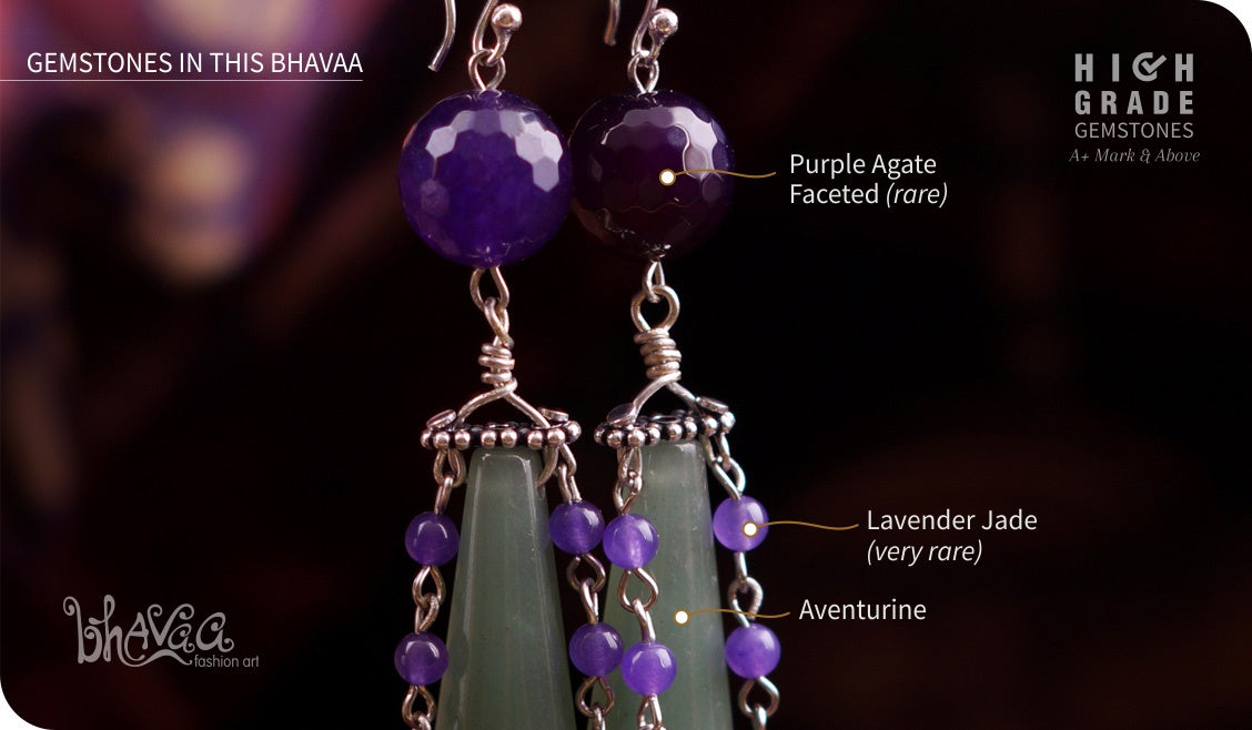 bhavaa Premium Gemstone Jewelry- Earrings. Soothing Vibrancy Collection, Mark-1 | Gemstones: Aventurine, Lavender Jade, Purple Agate Faceted