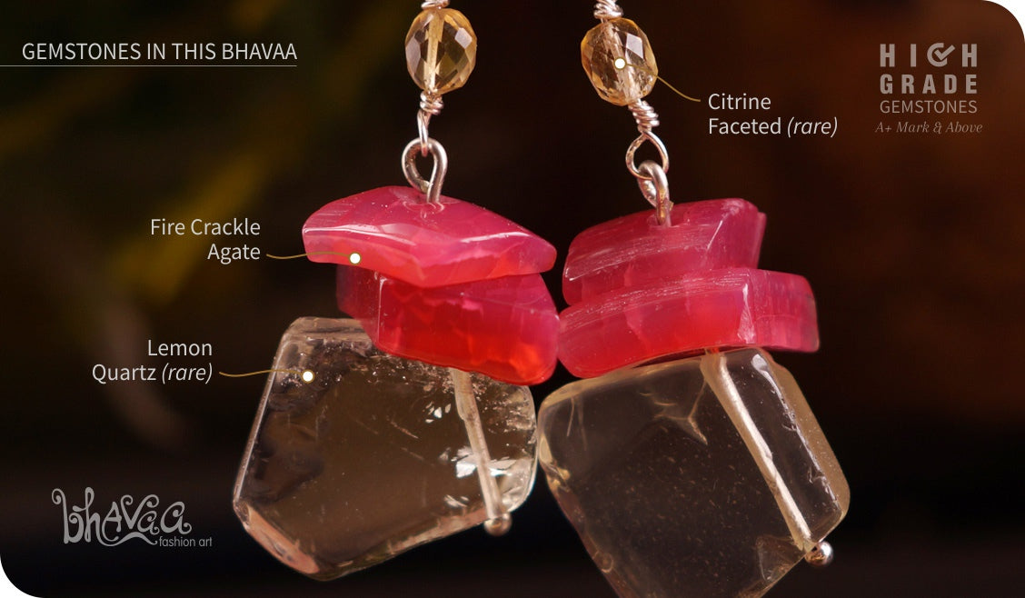 bhavaa Premium Gemstone Jewelry- Earrings. Vivacious Charm Collection, Mark-2 | Gemstones: Pink Agate, Citrine Faceted, Lemon Quartz 