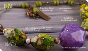 bhavaa Premium Gemstone Jewelry- Necklace. Soothing Vibrancy Collection, Mark-1 | Gemstones: Purple Fire Crackle Agate, Green Sea Sediment Jasper, Peridot, Green Snowflake Jasper Faceted, Green Crab Fire Crackle Agate Faceted