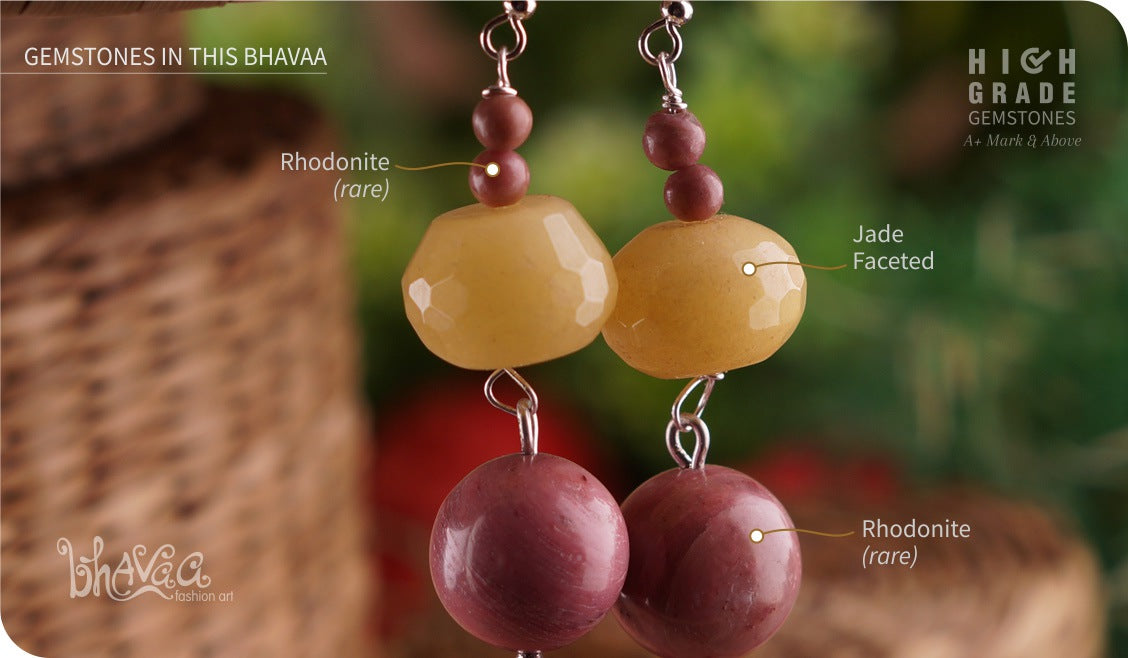 bhavaa Premium Gemstone Jewelry- Earrings. Vivacious Charm Collection, Mark-2 | Gemstones: Pink Rhodonite, Yellow Jade Faceted 